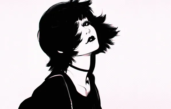 Haircut, black and white, lips, grey background, neck, bangs, portrait of a girl, Ilya Kuvshinov