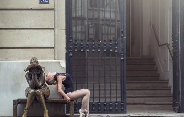Statue, ballerina, bench, Pointe shoes, Johanna Lorand Guilbert