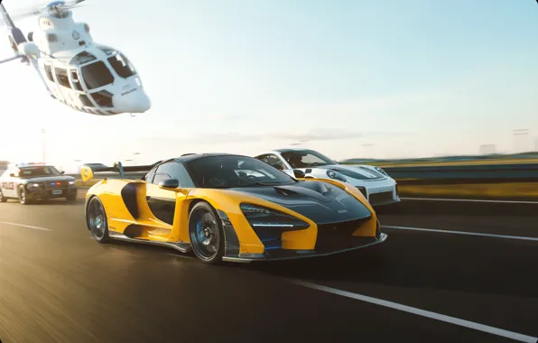Rendering, race, McLaren, chase, Porsche, police, supercars, Senna