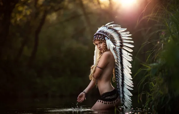 Girl, trees, nature, pose, model, body, feathers, makeup