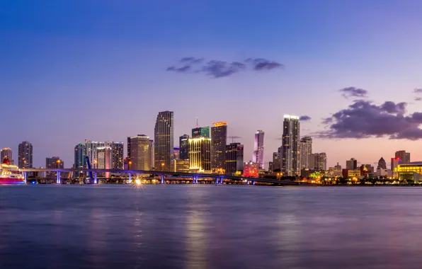 Picture the sky, clouds, sunset, bridge, lights, coast, ship, Miami