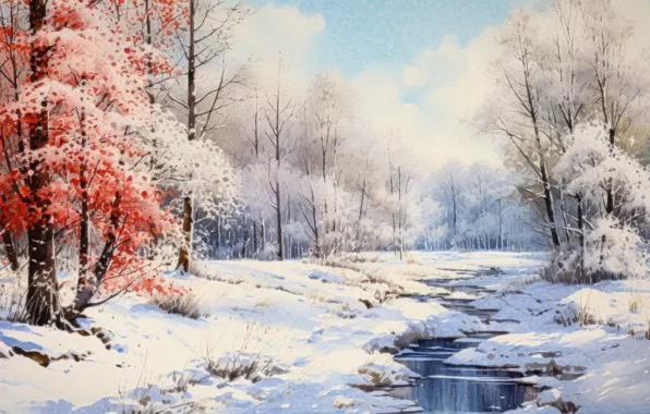Winter, forest, snow, trees, landscape, nature, shore, picture