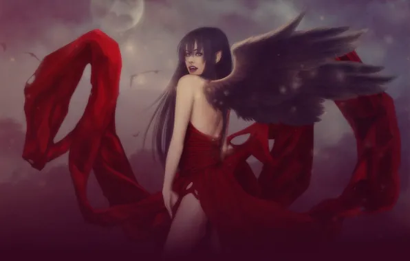 Picture girl, night, smile, wings, fangs, vampire, the full moon, art