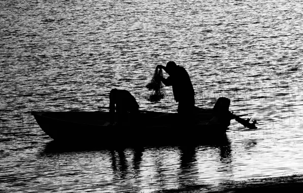 Water, people, boat, fishing, black and white