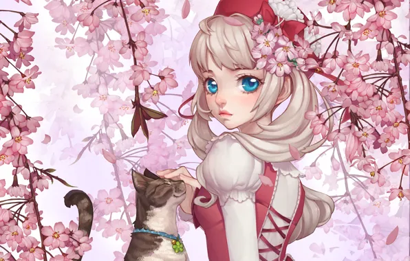 Cat, girl, flowers, Sakura, art, collar, bow, bell