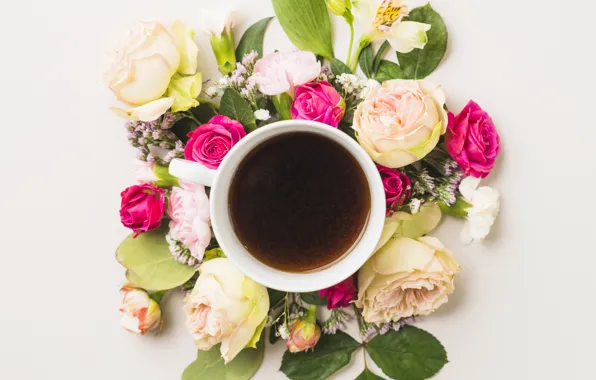 Flowers, roses, flowers, cup, decor, coffee, roses, decoration