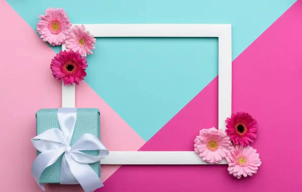 Flowers, background, pink, holiday, box, gift, blue, triangles