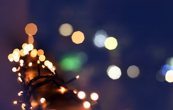 Picture winter, macro, lights, yellow, blur, railings, garland, orange