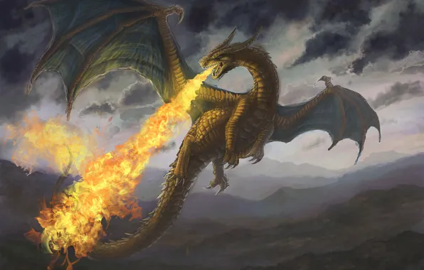 Picture mountains, fire, dragon