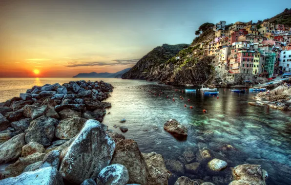 Picture sea, sunset, stones, rocks, shore, home, treatment, boats