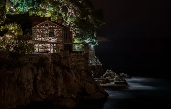 Sea, light, night, rock, house, Dubrovnik, Villa Agave