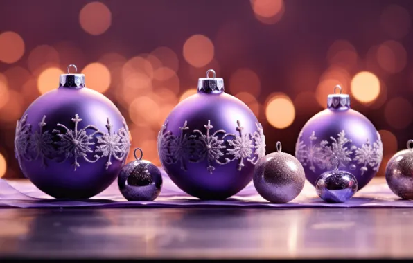 Balls, Christmas, purple, New year, lilac, Christmas decorations, lilac background, AI art
