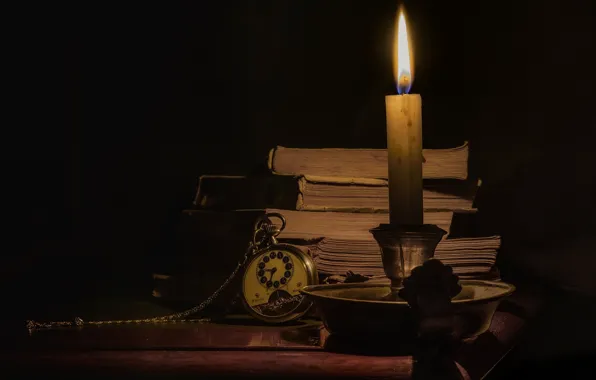 Picture retro, watch, candles, book