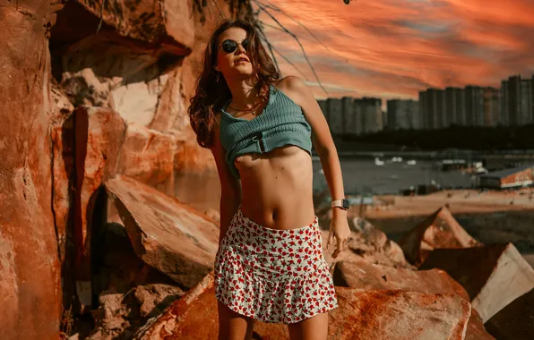 Chest, girl, pose, stones, skirt, figure, glasses, Vladimir Stefanovic