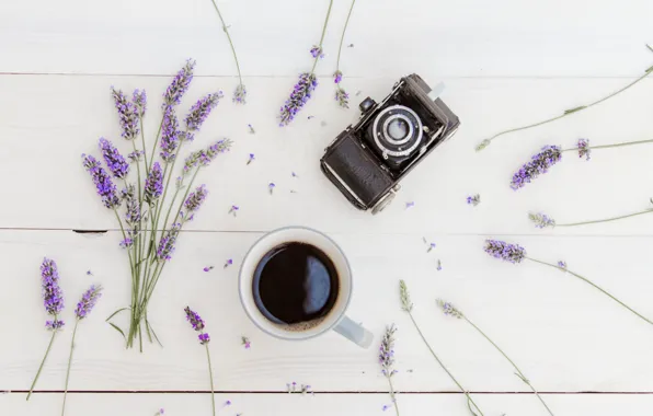 Picture coffee, bouquet, Cup, wood, flowers, lavender, cup, coffee