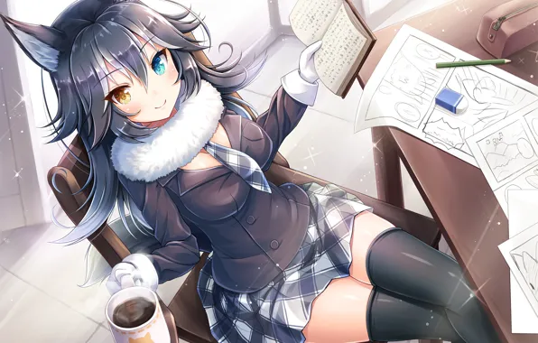 Picture girl, mug, book, neko, sitting, ears, anime, art