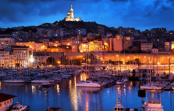 Night, lights, river, France, yachts, boats, lights, boats