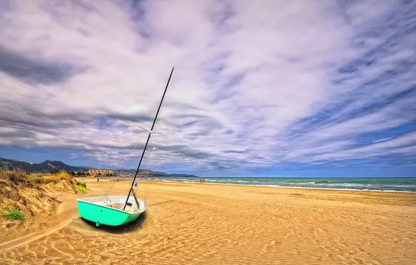 Sand, the sky, clouds, shore, boat, Spain, Grau Castello