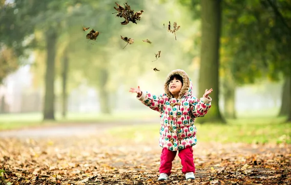 Picture autumn, leaves, mood, child