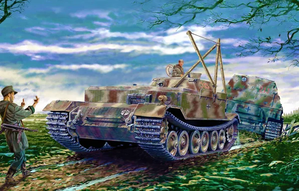 Picture war, art, painting, tank, ww2, Bergepanzer Tiger Porsche