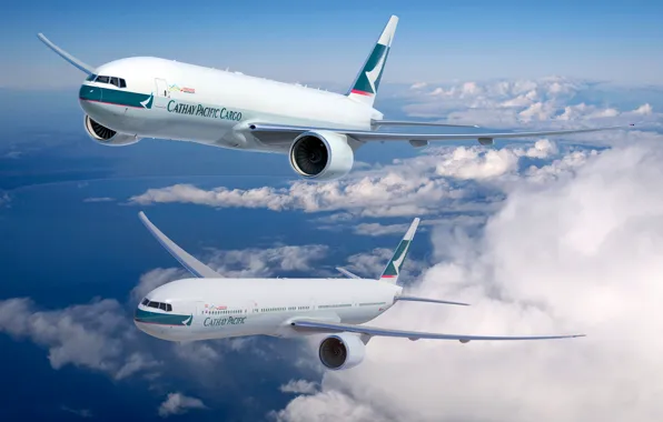 The sky, The plane, Boeing, Aviation, 777, In The Air, Flies, Cathay Pacific