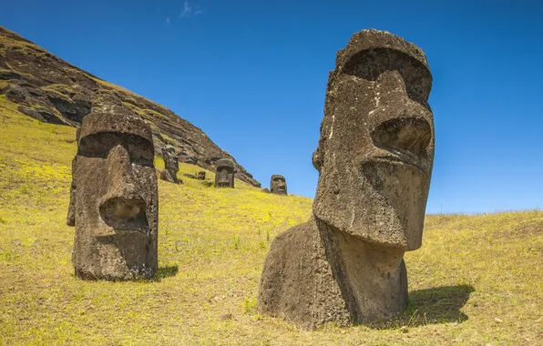 The sky, slope, Easter island, statue, Chile, Rapa Nui, moai