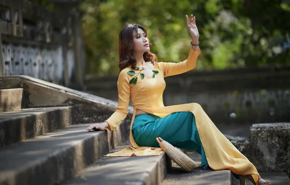 Picture girl, nature, ladder, Asian, yellow dress