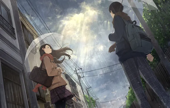 Girl, clouds, rain, street, guy, students, clearance