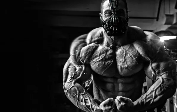 Pose, mask, muscles, biceps, gym, abs, bodybuilder, Evan Centopani