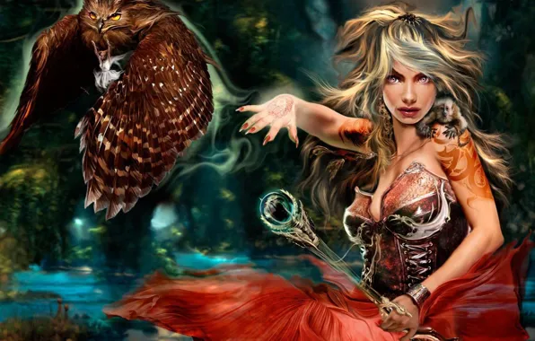Picture girl, fantasy, bird, magic, fairy, rod