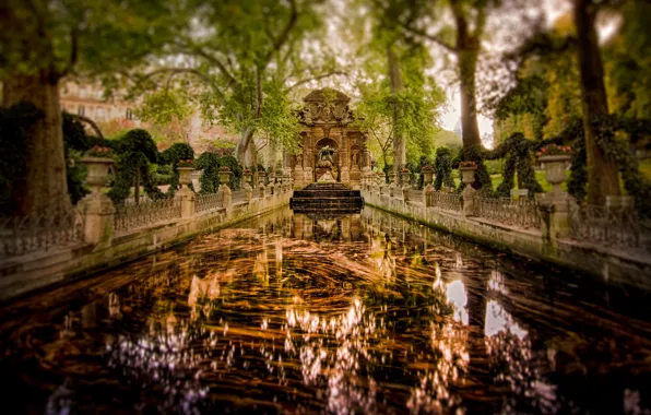 Trees, reflection, France, Paris, garden, mirror, the Medici fountain