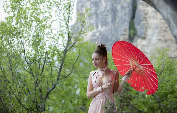Picture girl, sexy, cleavage, long hair, dress, nature, boobs, umbrella