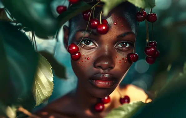 Look, girl, drops, light, face, cherry, pose, berries