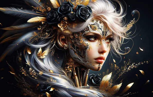 Machine, look, girl, flowers, face, style, the dark background, fiction