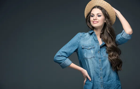Picture pose, smile, background, portrait, hat, makeup, hairstyle, shirt