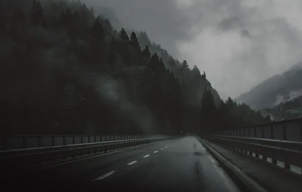 Picture Road, Bridge, Forest, Sadness, The darkness, Rain, Darkness, Bridge