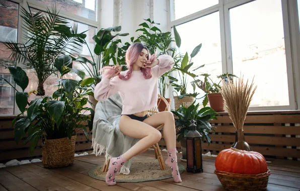 Ass, panties, pink hair, model, chair, women, brunette, plants