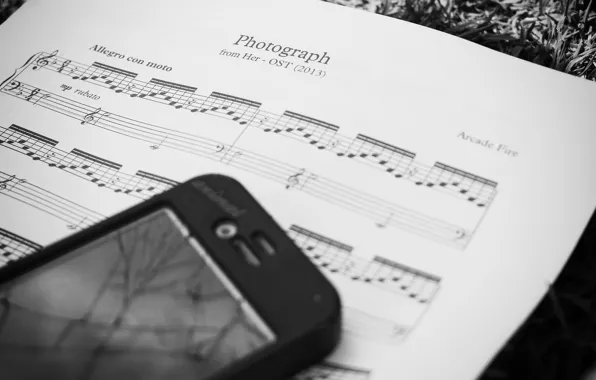 Notes, black and white, phone, song