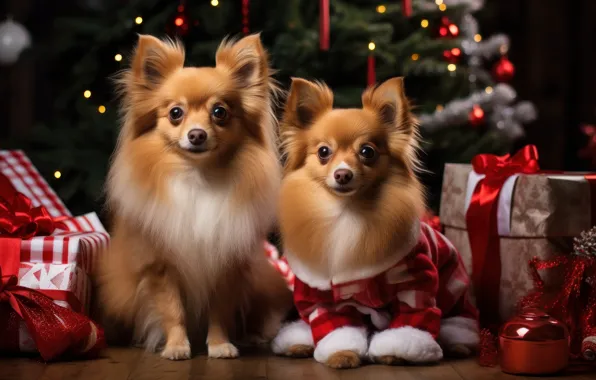 Dogs, look, lights, dog, Christmas, gifts, New year, a couple