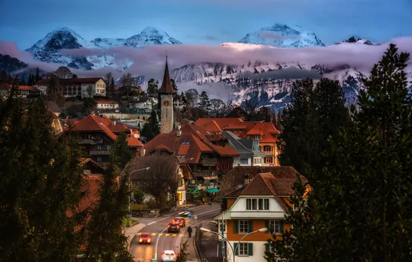 Road, roof, clouds, trees, landscape, mountains, lights, street