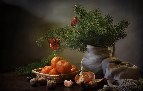Picture branches, table, holiday, toys, spruce, New year, nuts, still life