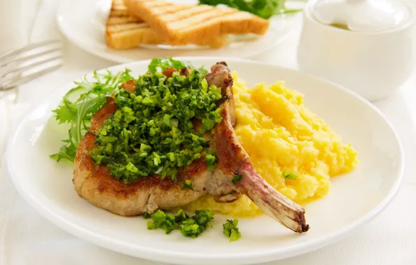 Greens, meat, meat, greens, the second dish, puree, mashed potatoes, the second course