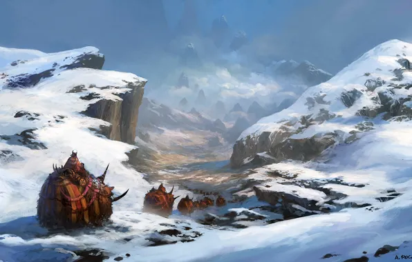 Fantasy, mountains, snow, artist, digital art, artwork, Andreas Rocha, fantasy art