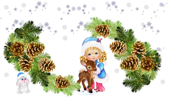 Picture snowflakes, sprig, holiday, deer, art, New year, maiden, kids