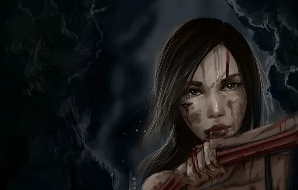 Girl, face, blood, art, Lara Croft, wounds