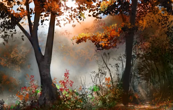 Picture autumn, forest, trees, art, painted landscape