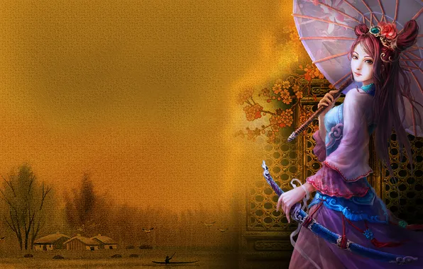 Girl, decoration, birds, nature, lake, umbrella, village