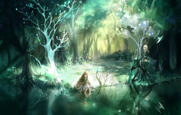 Forest, water, girl, trees, weapons