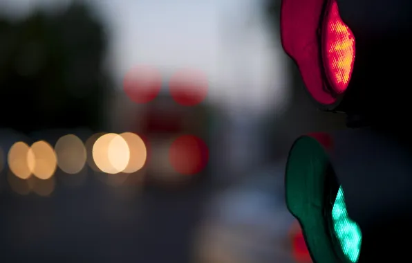Picture the city, lights, street, yellow, traffic light, green, red, bokeh