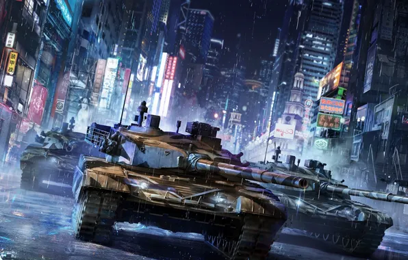Night, the city, street, art, tank, armored warfare, chinese tank